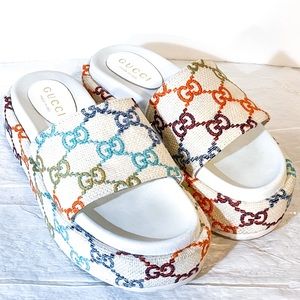 Gucci Angelina Embroidered GG Platform Slides Sandals Multicolor shoes sz 9 39